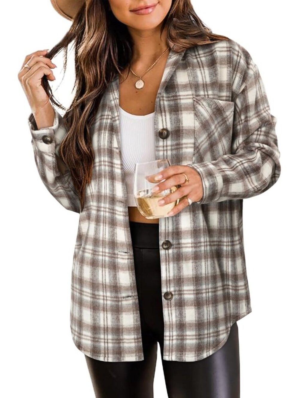 Women's White & Brown Plaid Flannel Button-Down Long Sleeves Oversized Shacket